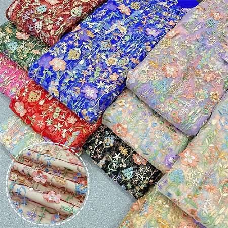 Tissu brodé en maille 3D multicolore à fleurs, pour robe et vêtement