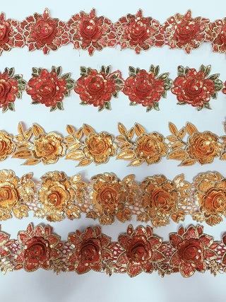 Bordure en dentelle brodée en polyester à paillettes 3D froncées