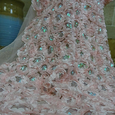 Tissu de mariage en rose 3D Tissure de fleurs et robe nuptiale douce tissu en dentelle de plume avec paillette