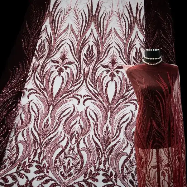 Tissu de luxe en dentelle brodée de perles rouges, respectueux de l'environnement, paillettes, maille, Tulle, pour robe de mariée, 100% Polyester, pour femmes