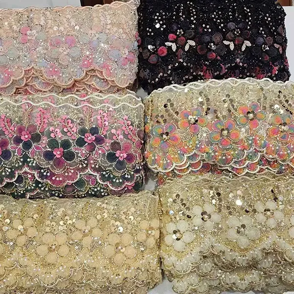 Dentelle brodée multicolore avec ruban de fleurs en maille 3D, Tube perlé, dentelle brodée de codes à barres