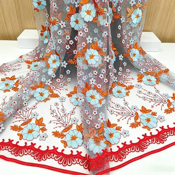 Tissu de dentelle en maille brodée multicolore vintage pour robes
