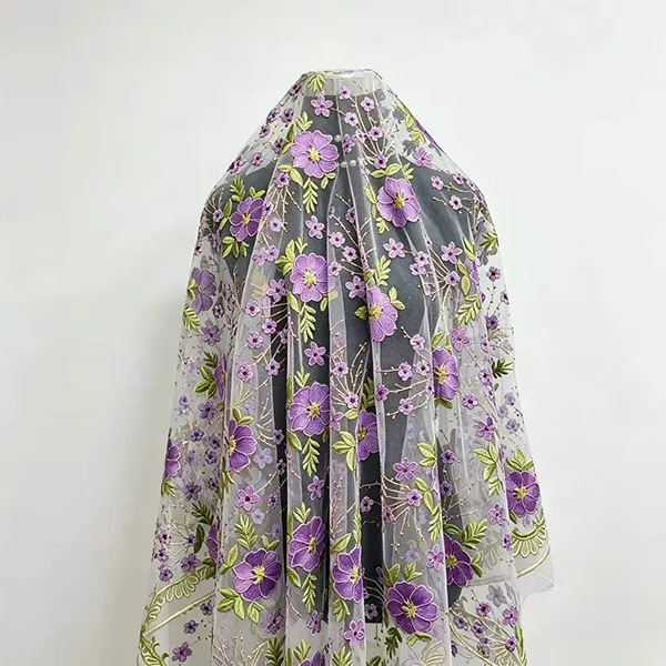 Tissu de dentelle en maille brodée multicolore vintage pour robes