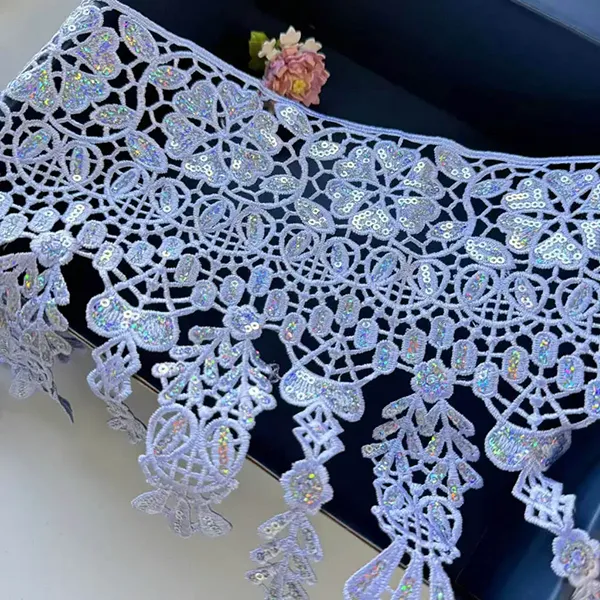 Commerce de gros de dentelle perlée à paillettes personnalisées, dentelle de coupe brodée avec des paillettes